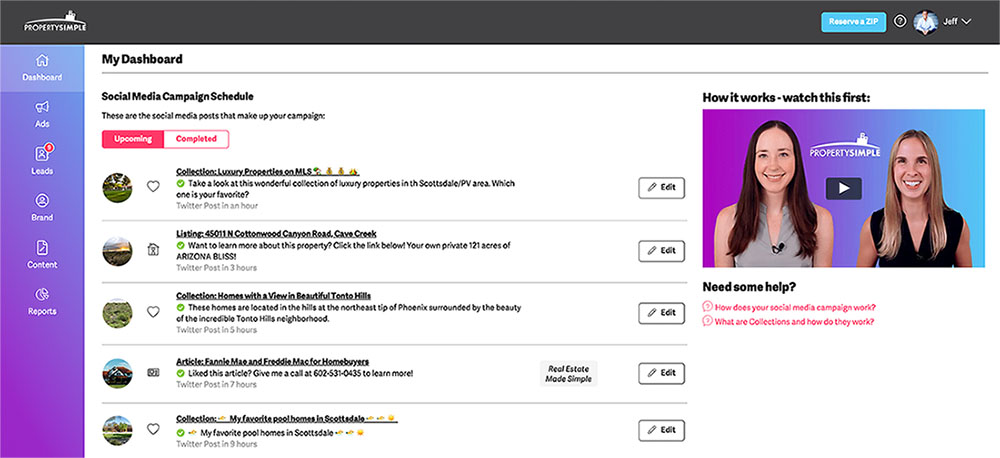 How your dashboard looks when you complete your profile with PropertySimple